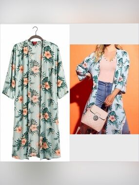 GUESS Floral Kimono S/M Mint Green Peach Hibiscus Lightweight Boho Duster